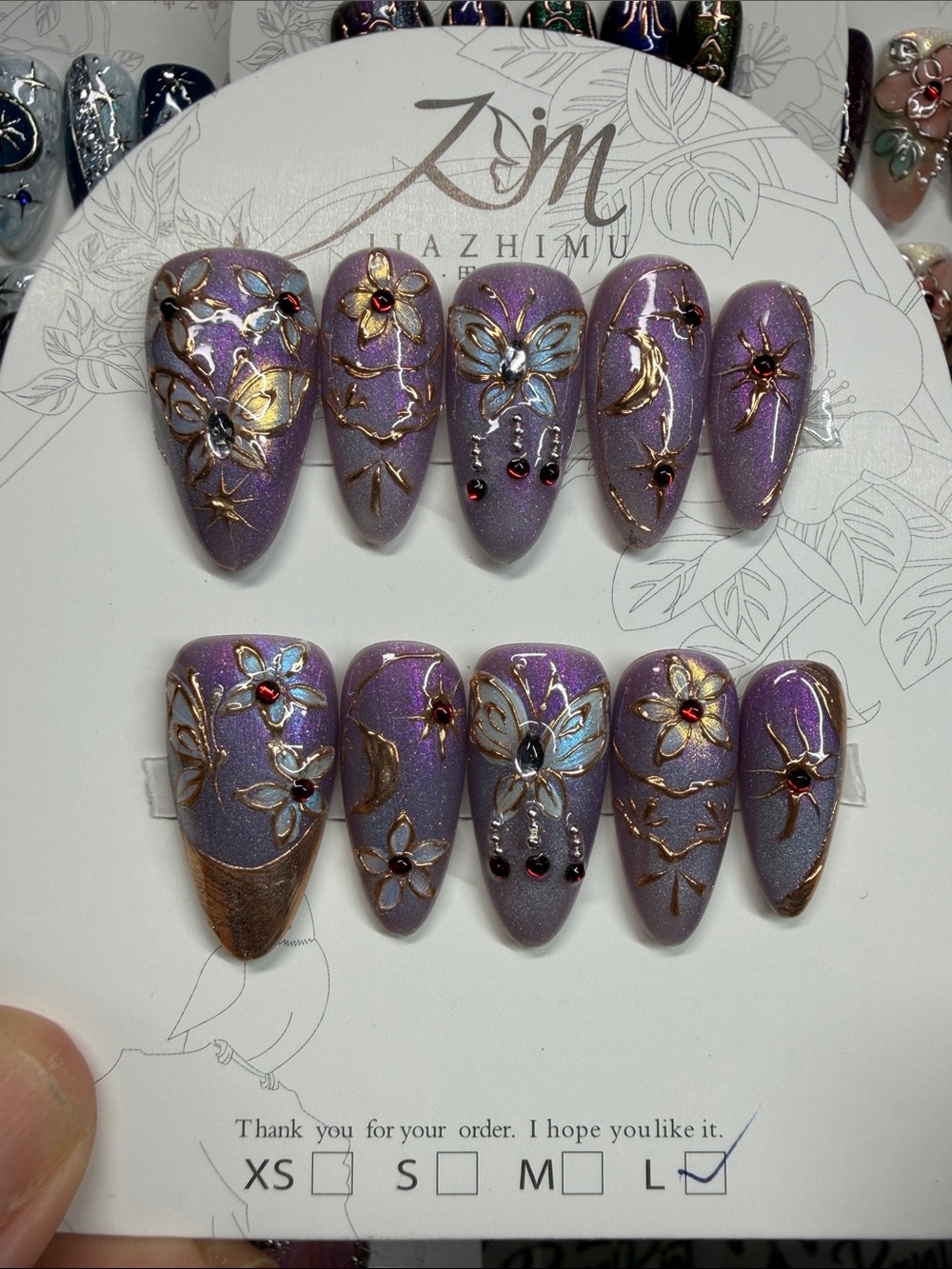 Hand-Painted Purple Floral and Butterfly Press-On Nail Set